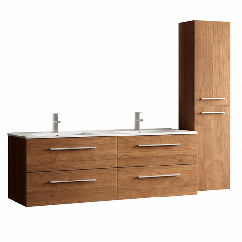 LOMAZOO badmeubelset Navero - met hoge kast & witte wastafel - warm eiken - 140 cm