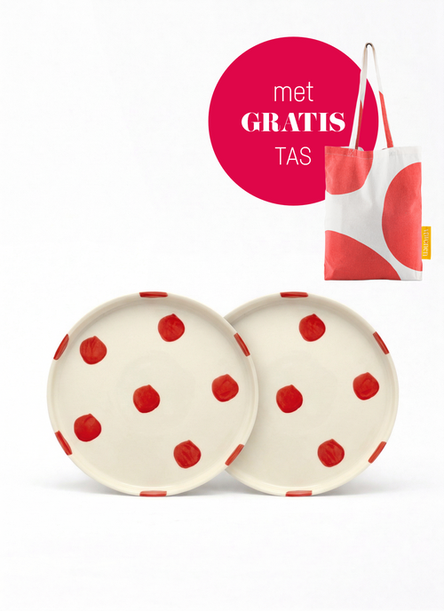 vtwonen -  Lunchbord - Stippen - Rood - Set van 2 - Keramiek - 20cm