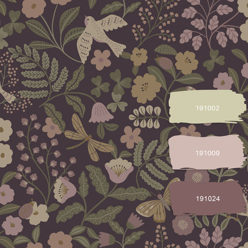 ESTAhome behang bloemen en vogels aubergine paars, olijfgroen en lila paars - 53 cm x 10.05 m - 139871 - vtwonen shop