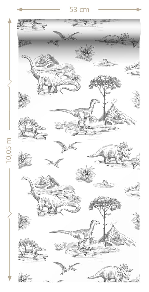 ESTAhome behang dinosaurussen zwart wit - 53 cm x 10.05 m - 139269