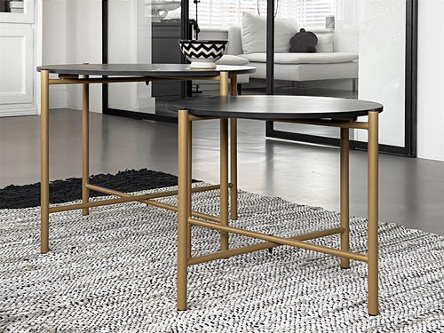 MaximaVida salontafel set Firenze 62 en 49 cm kruisframe champagne goud - zwart HPL marmer look