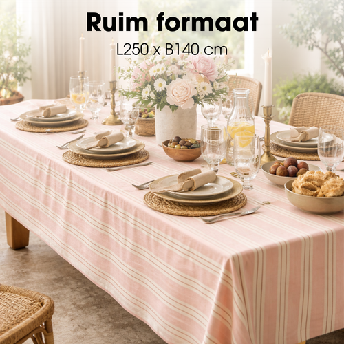 Mica Decorations Evie Gestreept Tafelkleed voor Eettafel - Tafellaken voor Binnen en Buiten 250 x 140 cm - Tafelzeil 100% Organisch Katoen - Roze