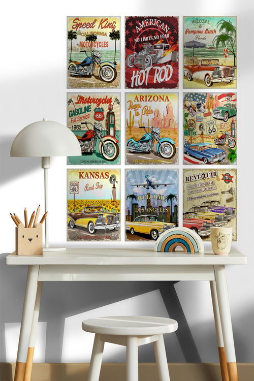 Sanders & Sanders muursticker vintage auto's rood, geel en lichtblauw - 85 x 65 cm - 600281