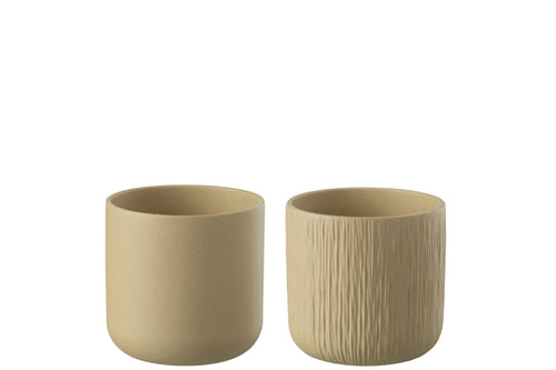 J-Line bloempot Gen - keramiek - beige - medium - 2 stuks - Ø 15 cm