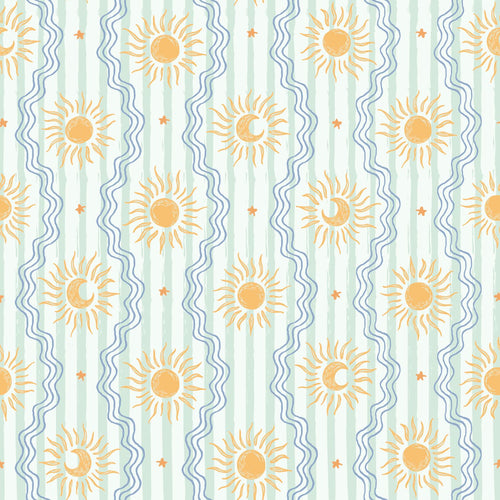 ESTAhome behang retro ornamenten mintgroen, blauw en geel - 50 x 900 cm - 132016