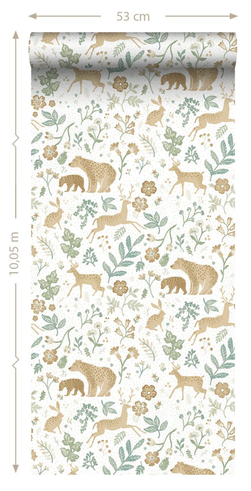 ESTAhome behang bos met bosdieren groen en beige - 53 cm x 10.05 m - 139586