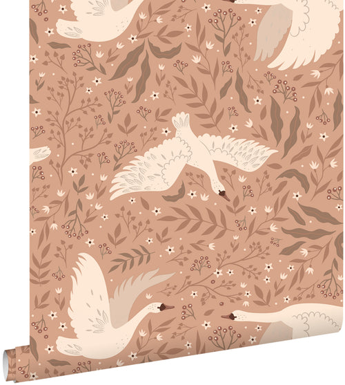ESTAhome behang zwanen donker terracotta roze - 50 x 900 cm - 131857