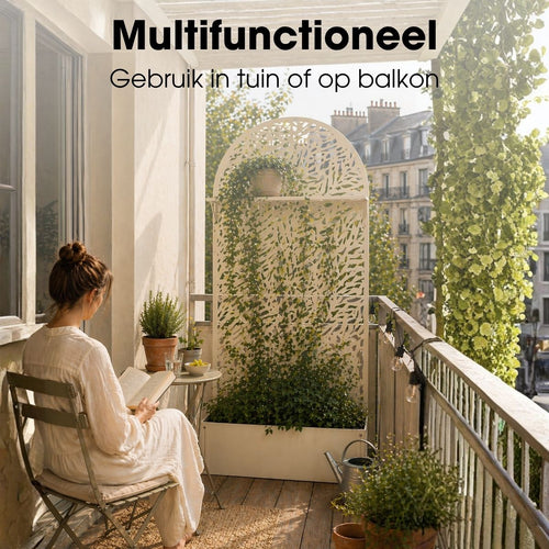 Mica Decorations Sapri Plantensteun - Plantenbak met Klimrek voor Klimplanten - Plantenstandaard Vrijstaand of tegen Muur - 90 x 33 x 180 cm - Off