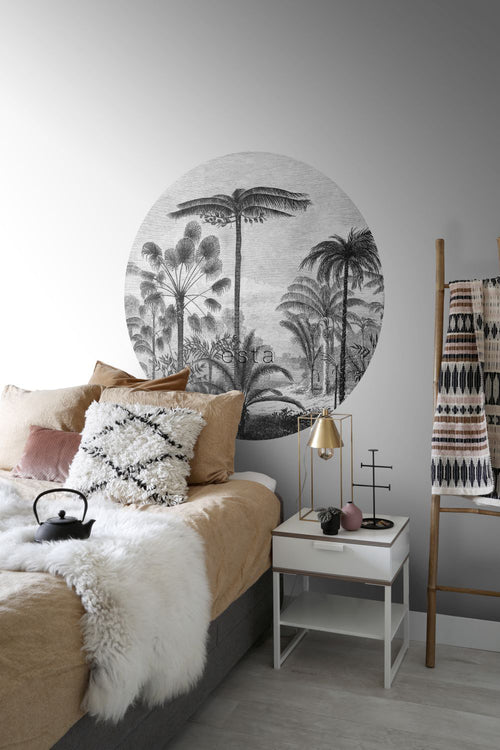 ESTAhome zelfklevende behangcirkel tropisch landschap met palmbomen zwart wit - Ø 140 cm - 159006 - vtwonen shop