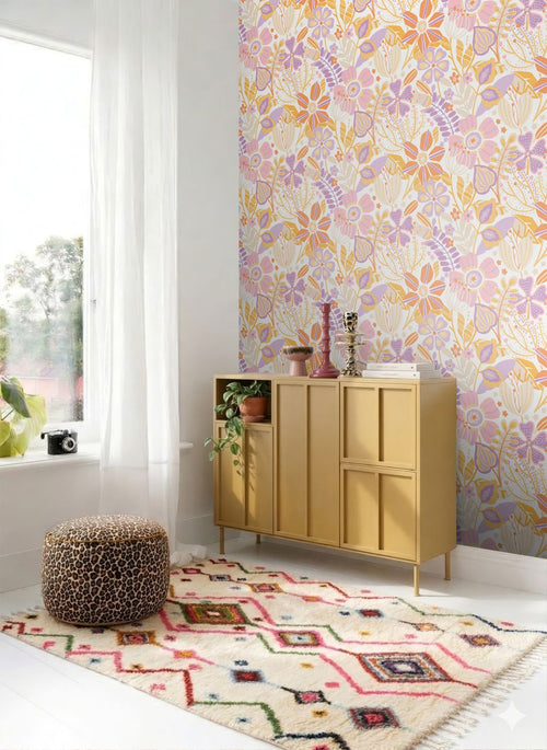 ESTAhome behang bloemmotief paars en oranje - 50 x 900 cm - 131994