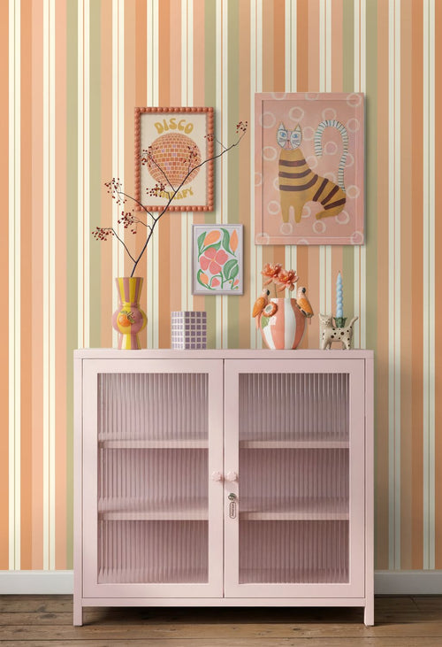 ESTAhome behang strepen oranje, roze en groen - 50 x 900 cm - 132036