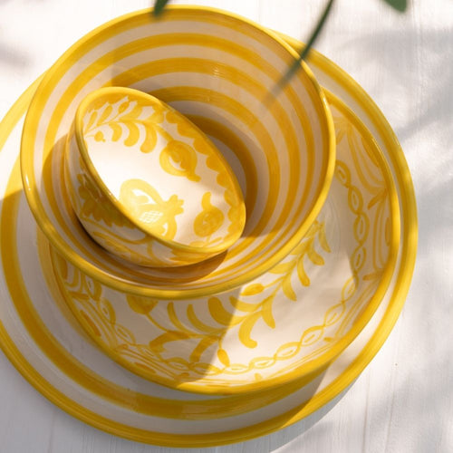 J-Line kom Granada Stripes High - keramiek - wit/geel - small - Ø 14 cm