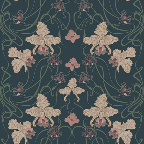 ESTAhome behang vintage bloemen in art nouveau stijl donkerblauw, beige en vergrijsd groen - 50 x 900 cm - 139669 - vtwonen shop