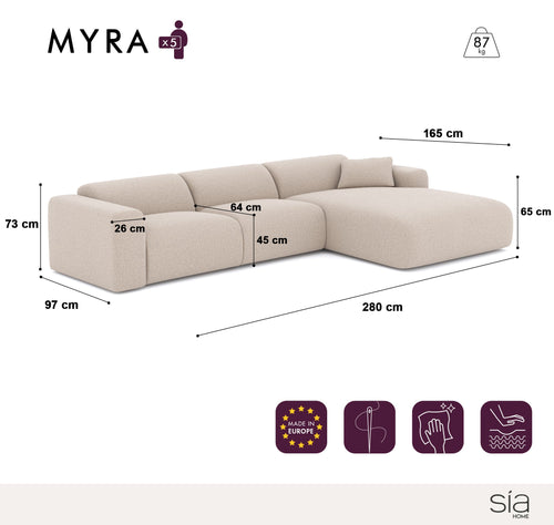 Sia Home - Hoekbank rechts MYRA - Fluweel met structuur - Grijs - 280cm - vtwonen shop