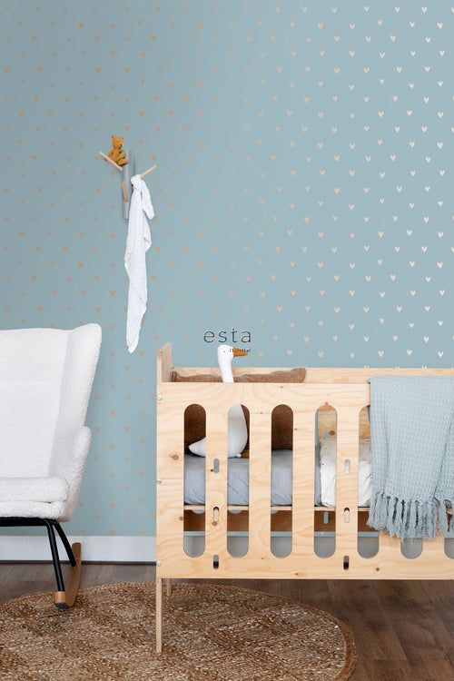 ESTAhome behang hartjes vintage blauw en glanzend koper bruin - 53 cm x 10.05 m - 128833