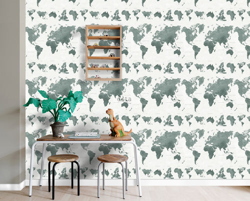 ESTAhome behang vintage wereldkaarten vergrijsd groen - 53 cm x 10.05 m - 138971