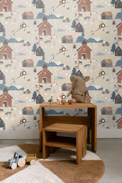 Masureel behang boerderij dieren beige en blauw - 53 cm x 10.05 m - 631861 - vtwonen shop