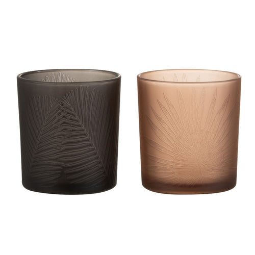 J-Line windlicht Blad - glas - zwart/bruin - 2 stuks