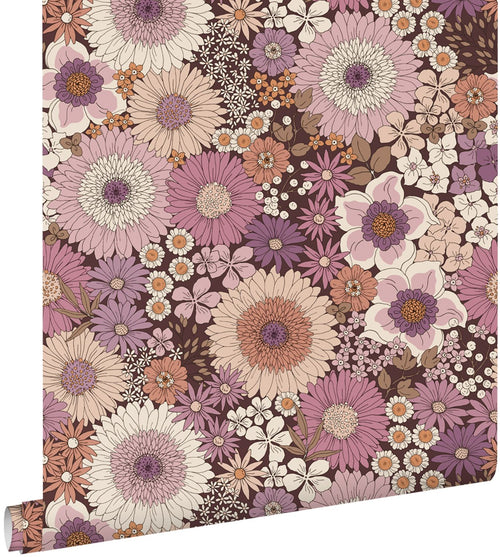ESTAhome behang retro bloemen mauve paars en terracotta roze - 53 cm x 10.05 m - 131319