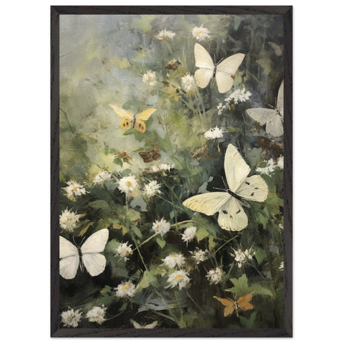 Artfulprints Poster met Lijst Butterflies in flowerfield   - 50x70 cm - Donkergroen