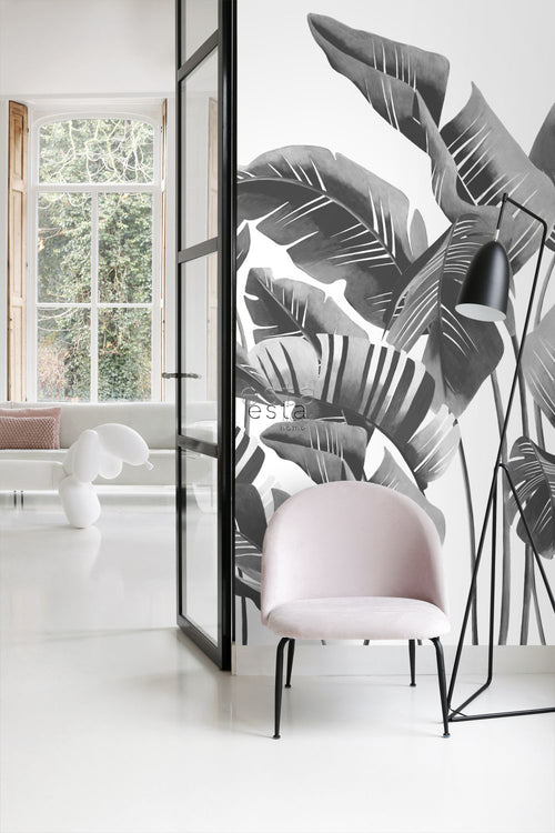 ESTAhome fotobehang grote bananenbladeren zwart wit - 200 x 279 cm - 158907 - vtwonen shop