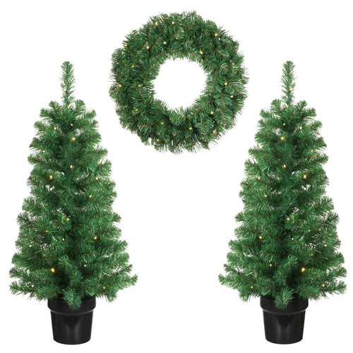 Black Box Trees Norton Kerstboom en Kerstkrans Set - 2 Kunstkerstbomen en 1 Krans met LED Verlichting - Groen