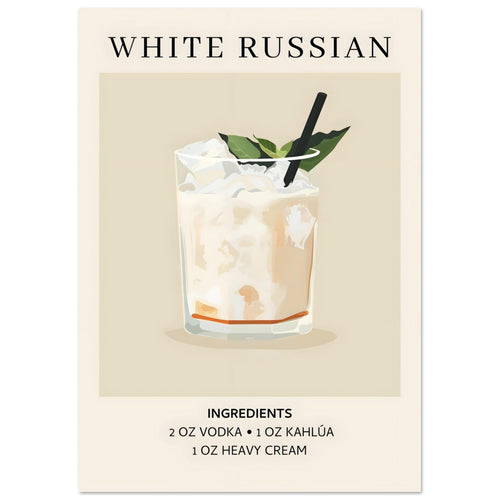 Artfulprints Poster White Russian cocktail - Ingrediënten   - A4 21x29.7 cm - Wit