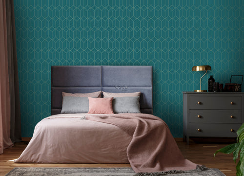 ESTAhome behang art deco motief goud, groen en blauw - 53 cm x 10.05 m - 139224