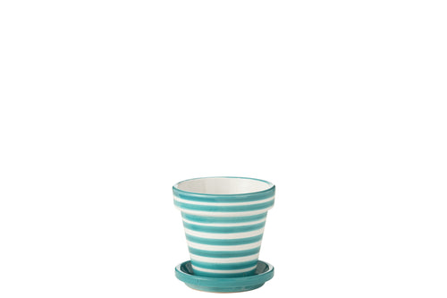J-Line bloempot Granada Stripes Handmade + Painted - keramiek - aqua - small  - Ø 21 cm - vtwonen shop