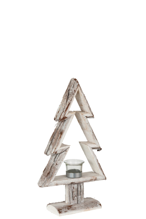J-Line theelichthouder Kerstboom - hout - bruin/wit - small