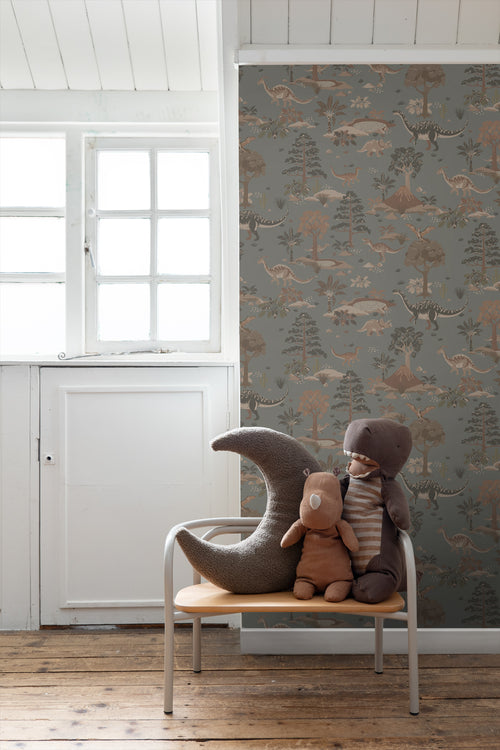 ESTAhome behang dinosaurussen vergrijsd blauw en bruin - 50 x 900 cm - 131656