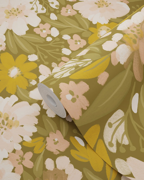ESTAhome behang bloemen vergrijsd olijfgroen, licht roze en mosterdgeel - 50 x 900 cm - 130927 - vtwonen shop