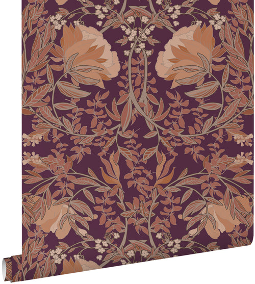 ESTAhome behang vintage bloemen in art nouveau stijl paars en terracotta - 50 x 900 cm - 132223
