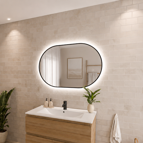 LOMAZOO badkamerspiegel Tanger - draaibaar - met LED verlichting & spiegelverwarming - ovaal - zwart - 90 x 60 cm
