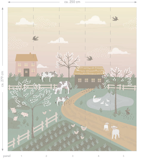 ESTAhome fotobehang boerderij dieren groen en roze - 250 x 279 cm - 159241 - vtwonen shop
