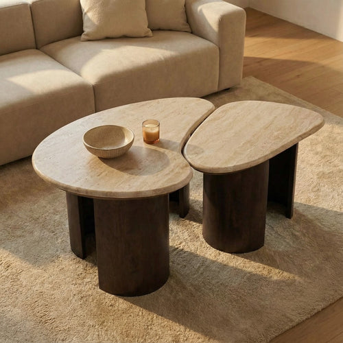 Giga Meubel Salontafel Suki Organisch - Travertin/Hout - Donkerbruin - Set van 2