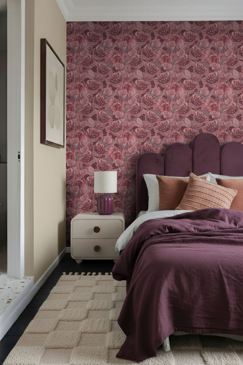 ESTAhome behang geborduurd bloemmotief mauve paars - 50 x 900 cm - 131871