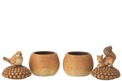 J-Line figuur Vogel + Eekhoorn op eikel - porselein - bruin - large - 2 stuks