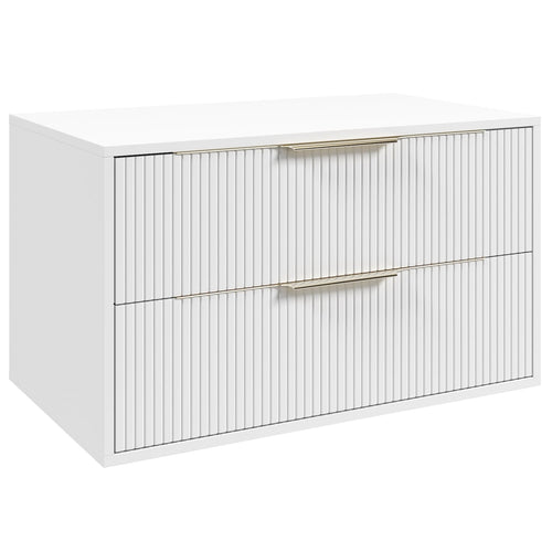 Badplaats Wastafelkast Rimini 80 cm – Mat Wit – Hangend Badmeubel met 2 Lades en Gouden Handgrepen