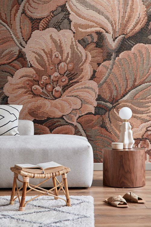 ESTAhome fotobehang geborduurd bloemmotief terracotta bruin - 250 x 279 cm - 159465