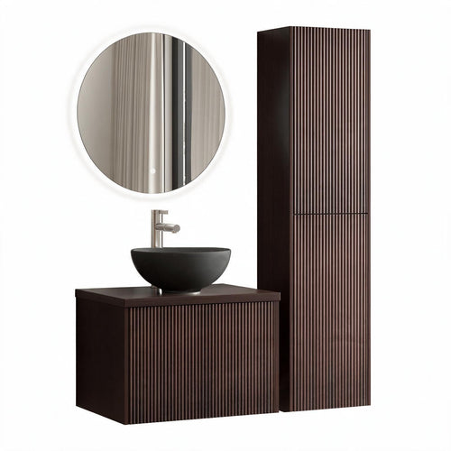 LOMAZOO badmeubelset Tropani - geribbeld - opbouw - met hoge kast & zwarte waskom - walnoot - 60 cm