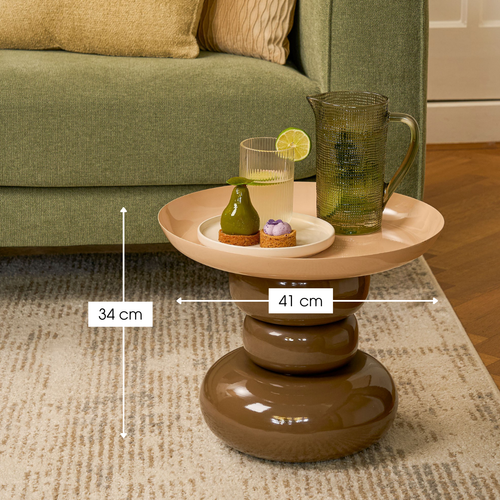 Mica Decorations Zita Bijzettafel - Bijzettafeltje Rond - Woonkamer Decoratie - 34 x 41 cm - IJzer, MDF, Fluweel - Bruin Creme