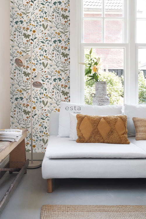 ESTAhome behang veldbloemen okergeel, vergrijsd groen en vintage blauw - 53 cm x 10.05 m - 139391 - vtwonen shop