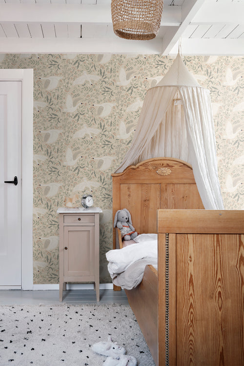 ESTAhome behang zwanen beige, wit en vergrijsd groen - 53 cm x 10.05 m - 139797