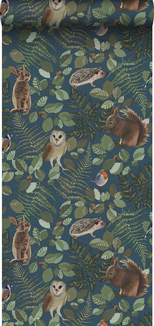 ESTAhome behang bosdieren donkerblauw, groen en bruin - 53 cm x 10.05 m - 139250