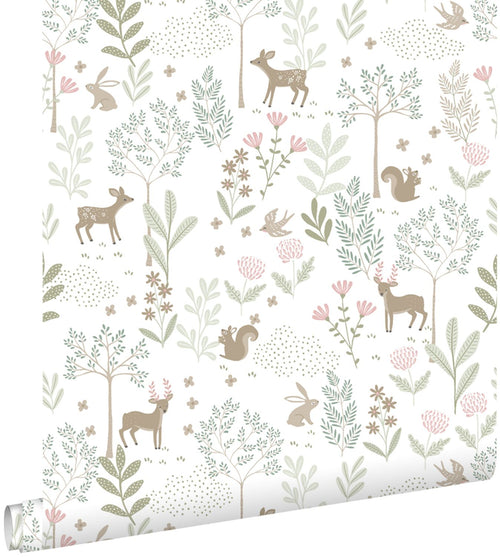 ESTAhome behang bos met bosdieren groen en roze - 53 cm x 10.05 m - 139519