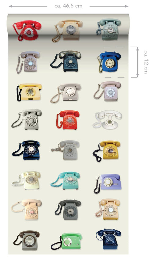 ESTAhome XXL behang retro telefoons beige, grijs, rood en blauw - 50 x 900 cm - 158503