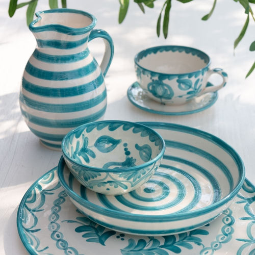 J-Line schaal Granada Stripes Low - keramiek  - wit/aqua - large - Ø 25 cm