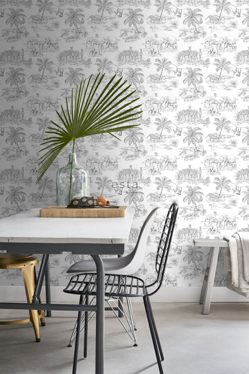 ESTAhome behang jungle dieren zwart wit - 53 cm x 10.05 m - 139299