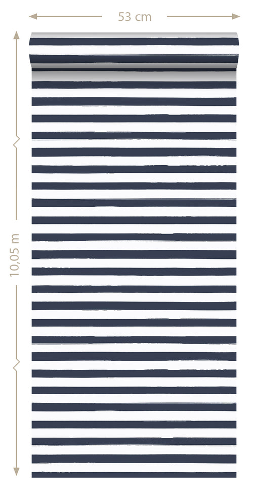 ESTAhome behang geschilderde strepen donkerblauw en wit - 53 cm x 10.05 m - 138970